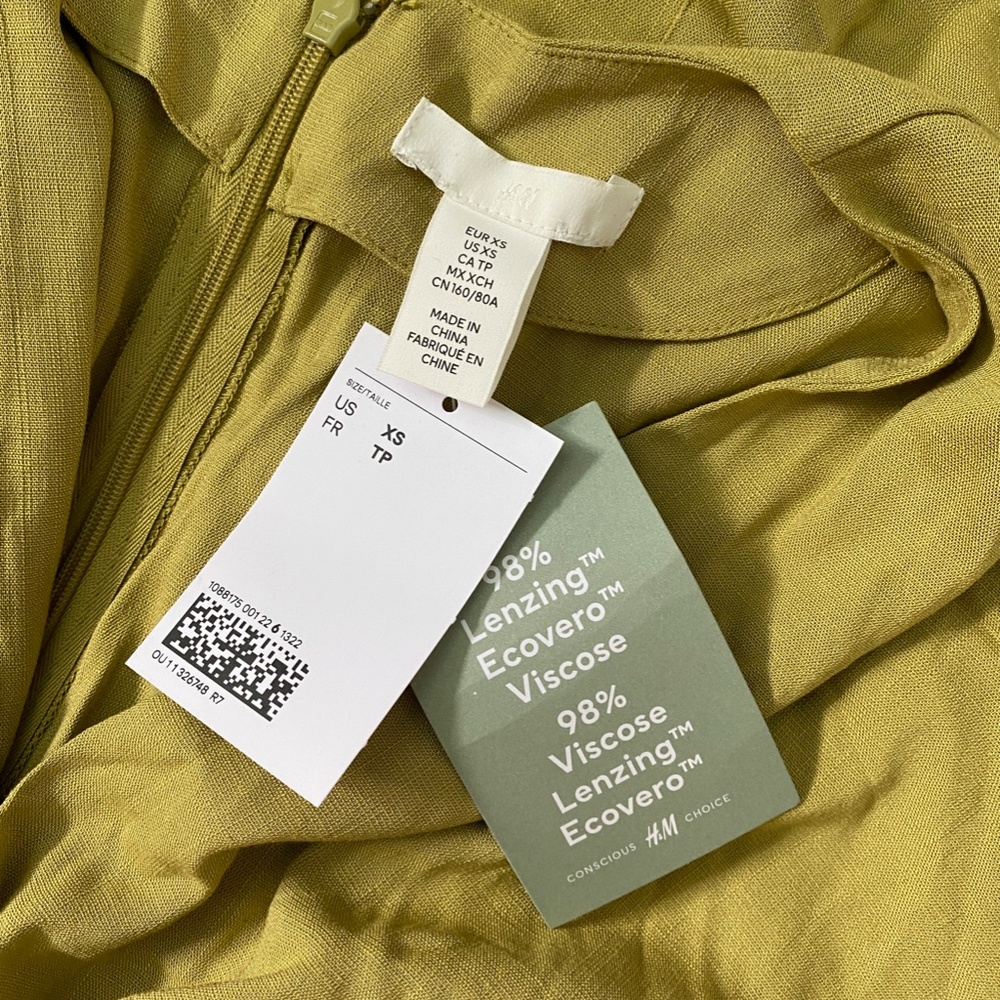 NWT H&M Linen Key Lime Green Mini V-Neck Dress with open sleeves - XS/S - Picture 3 of 3